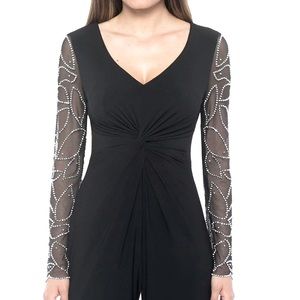 Marina Matte Jersey Sheer Beaded Long
Sleeve V-Neck Knot Bodice Jumpsuit size 6.
